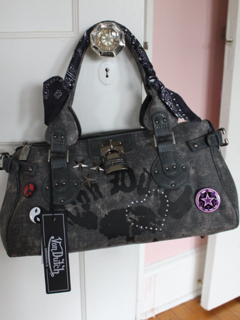 Von Dutch Bree Black Gray Studded Satchel Rhinestone Y2K NWT